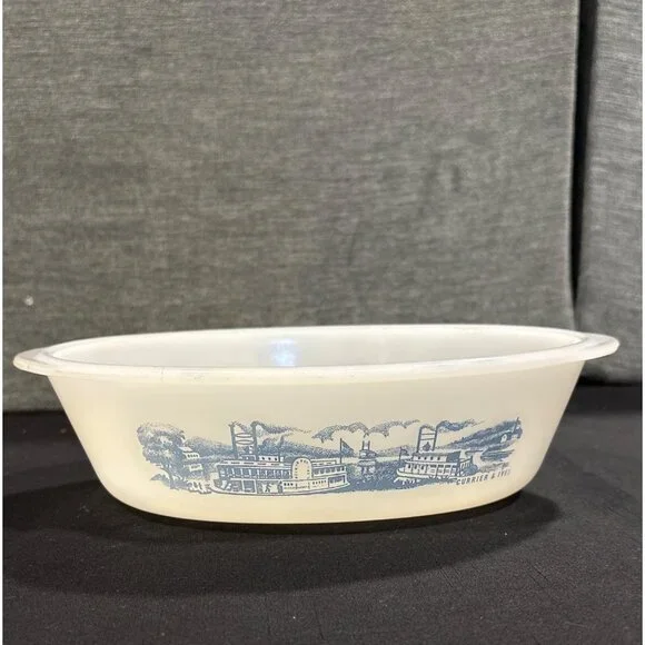 Vintage Glasbake Milk Glass Rectangular Baking Dishes With Blue Farm Scene - Picture 13 of 16